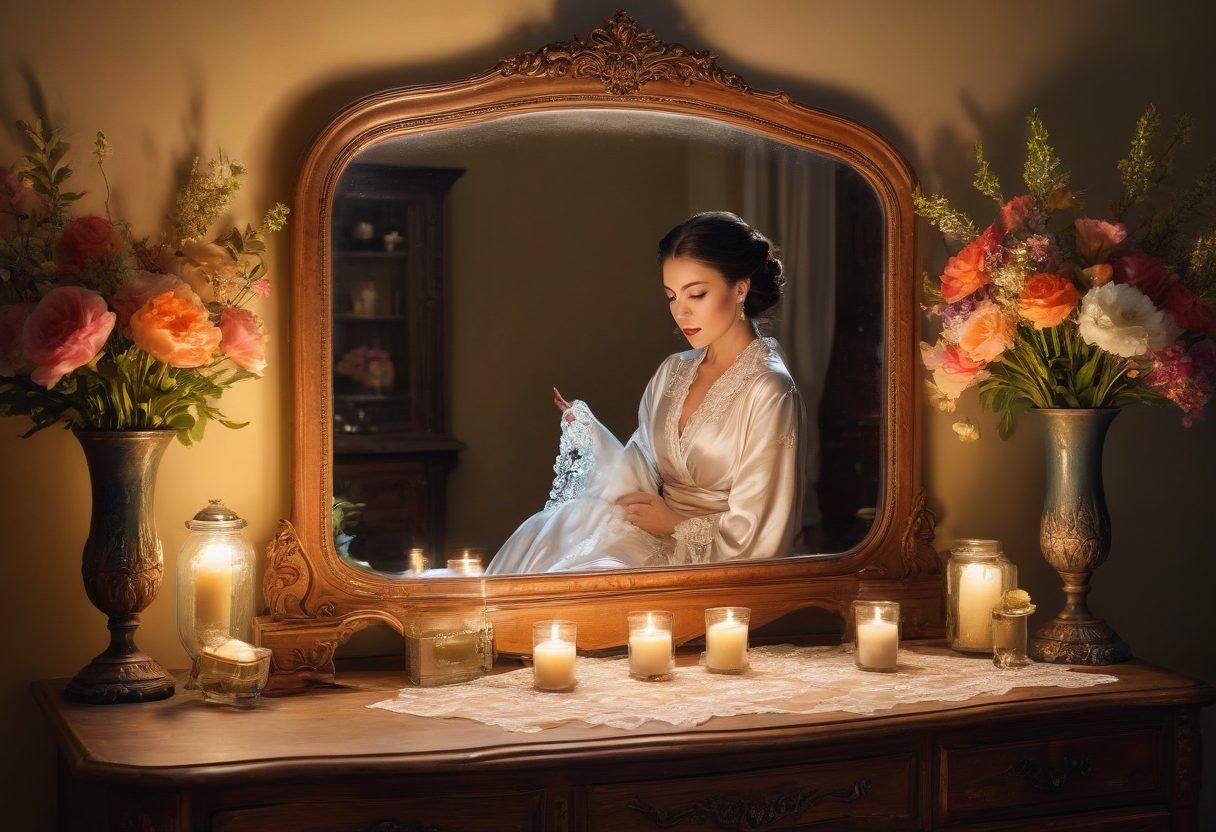 A luxurious display of diverse intimate wear, ranging from sultry lace sets to opulent silk robes, elegantly arranged on a vintage wooden dresser. Soft, warm lighting enhances the textures and colors, while a backdrop of delicate flowers adds a touch of romance. Include a mirror reflecting the array, symbolizing transformation and self-expression. super-realistic. vibrant colors. soft lighting.